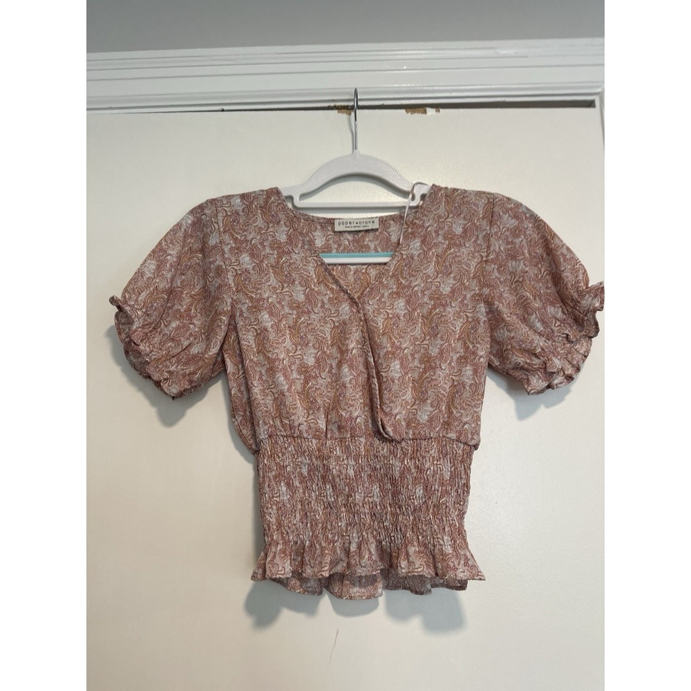 Paper Crane Boho Paisley Faux Wrap Smocked Blouse Sz:XS Pink Puff Sleeve Rayon